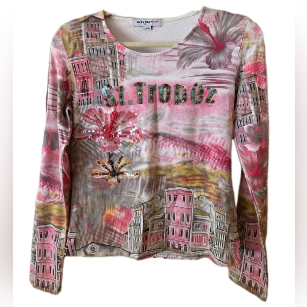 MISS SIXTY Bedazzled St. Tropez Pink Long Sleeve Graphic Size Large Vintage